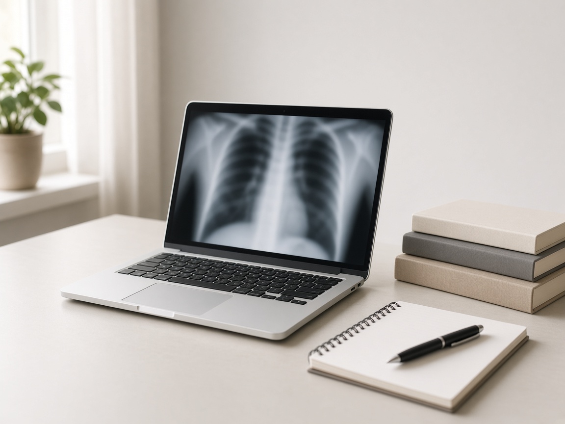 Open laptop on a desk beside a stack of books