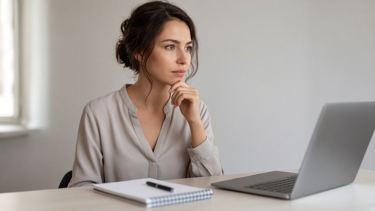 Professional woman thinking while studying at her laptop